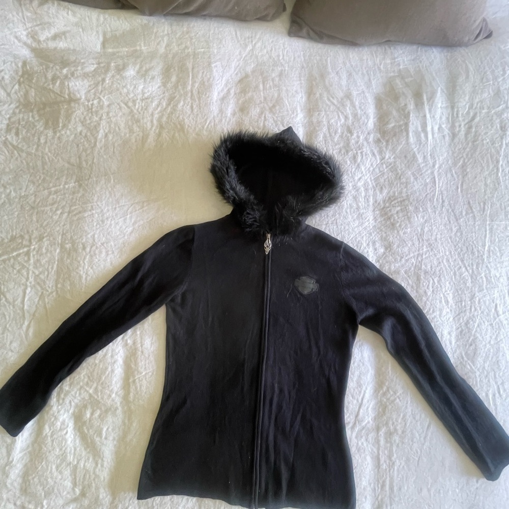 Women's Black Harley Davidson Hooded Jacket with Faux Fur Trim